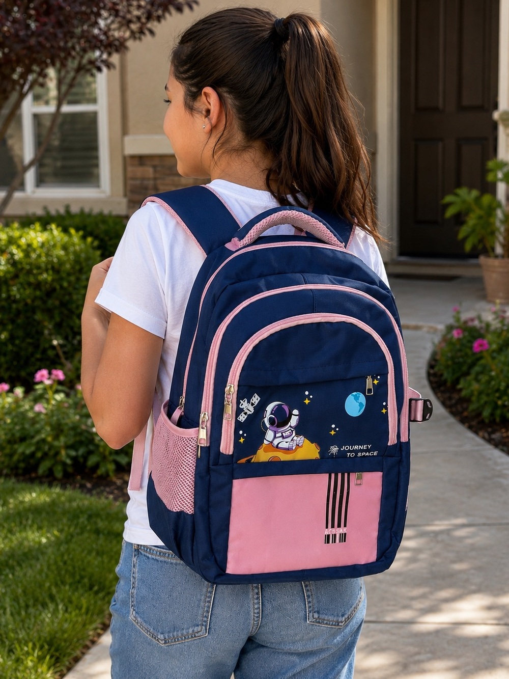 Kids Space Astronaut Backpack Navy Blue Pink USB Port School Travel Bag
